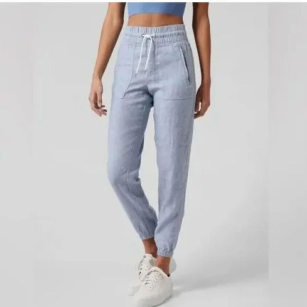 ATHLETA Light Blue Cabo 100% Linen High Rise Jogger Athleisure Pants Size 6